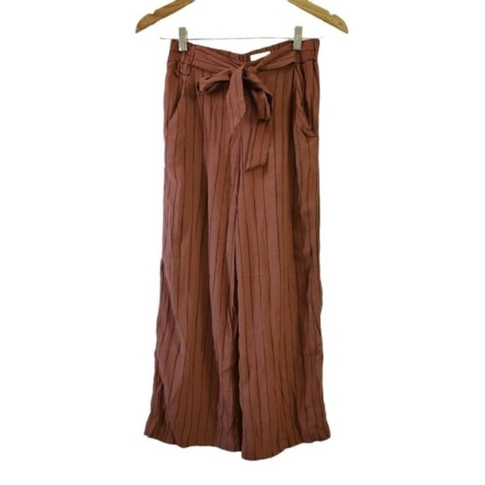 Wilfred Aritzia Faun Pants Small Brown Striped Wide Leg‎ Crop Tie High-Rise Boho